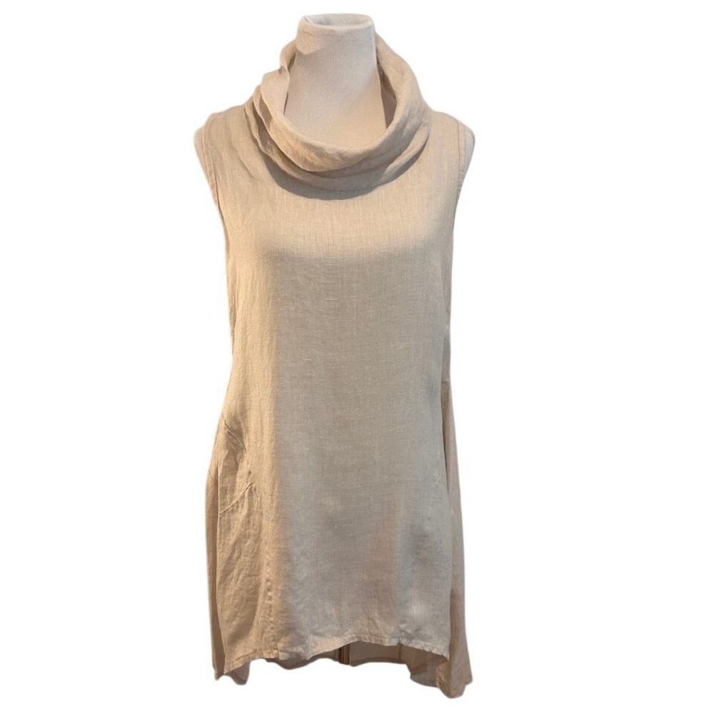 Baci Womens Beige Linen Cowl‎ Neck Sleeveless High Low Tunic Dress